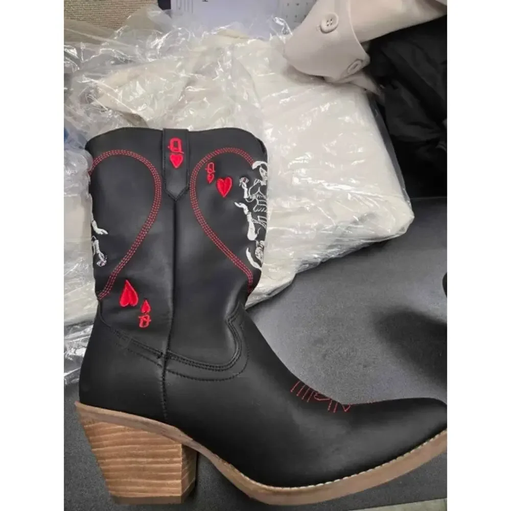 Dingo Queen A Hearts Black Leather Knee-High Western Boots 9.5 - Picture 6 of 7